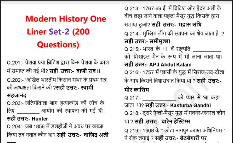 Modern Indian History One Liner Questions PDF in Hindi